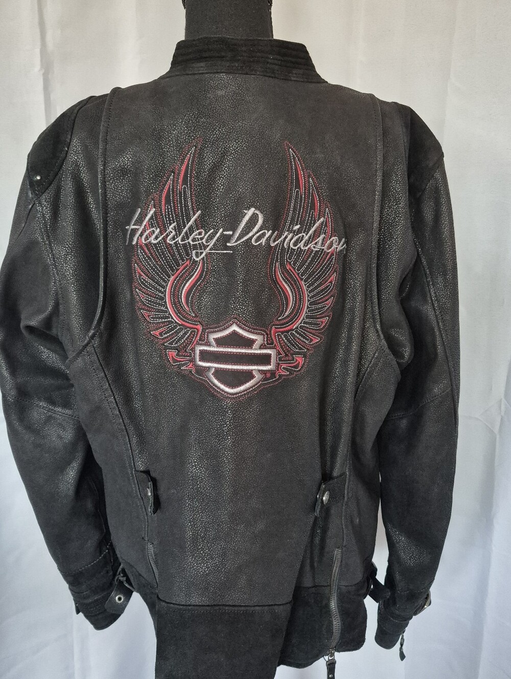 Harley-Davidson Jennite Black Leather Jacket with Red Winged Shield Embroidery